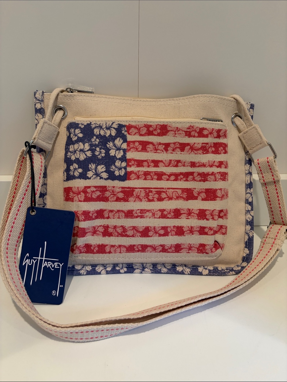 Guy Harvey Cream Crossbody with Red & Blue Floral Flag